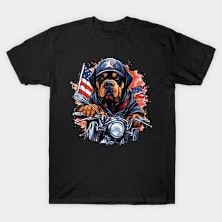 A patriotic t-shirt design featuring a Rottweiler Dog on a motorcycle T-Shirt